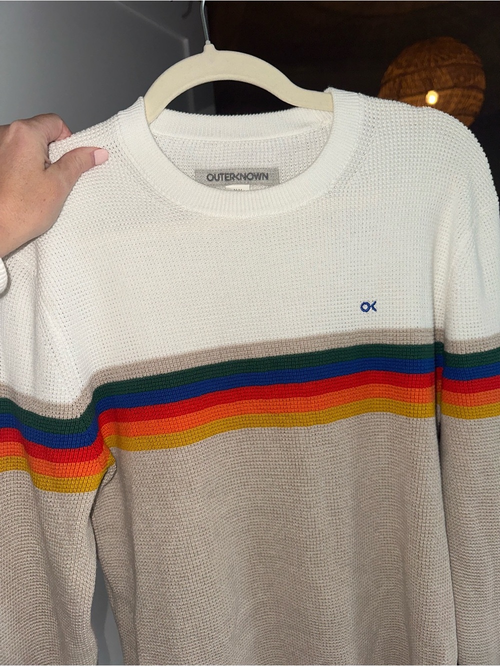 Outerknown Cream & Beige Crewneck Sweater with Rainbow Stripe